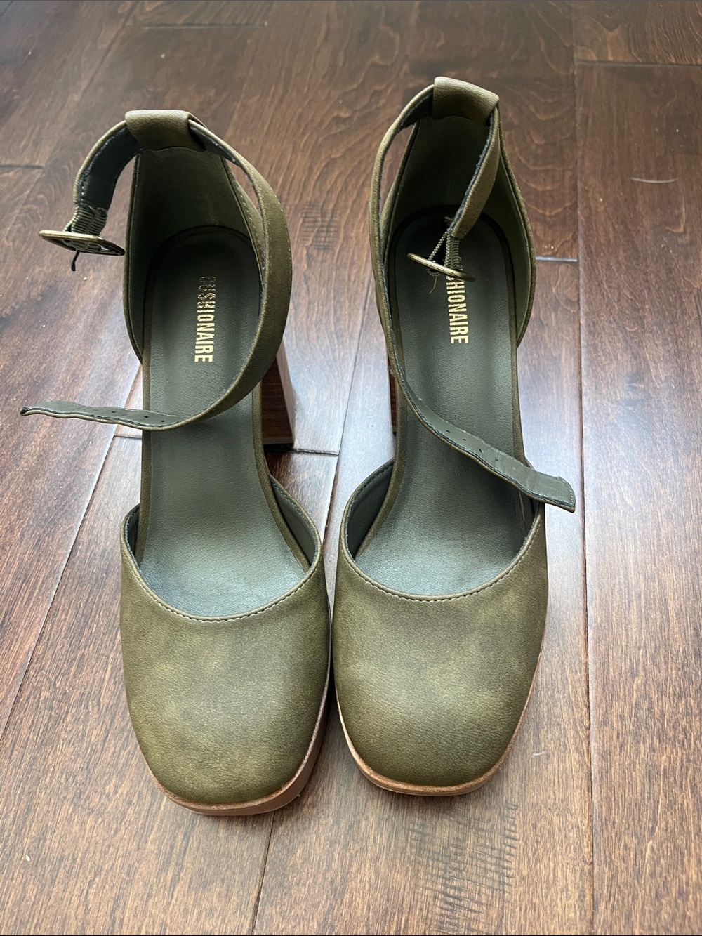Olive Green Ankle-Strap Block Heel Pumps